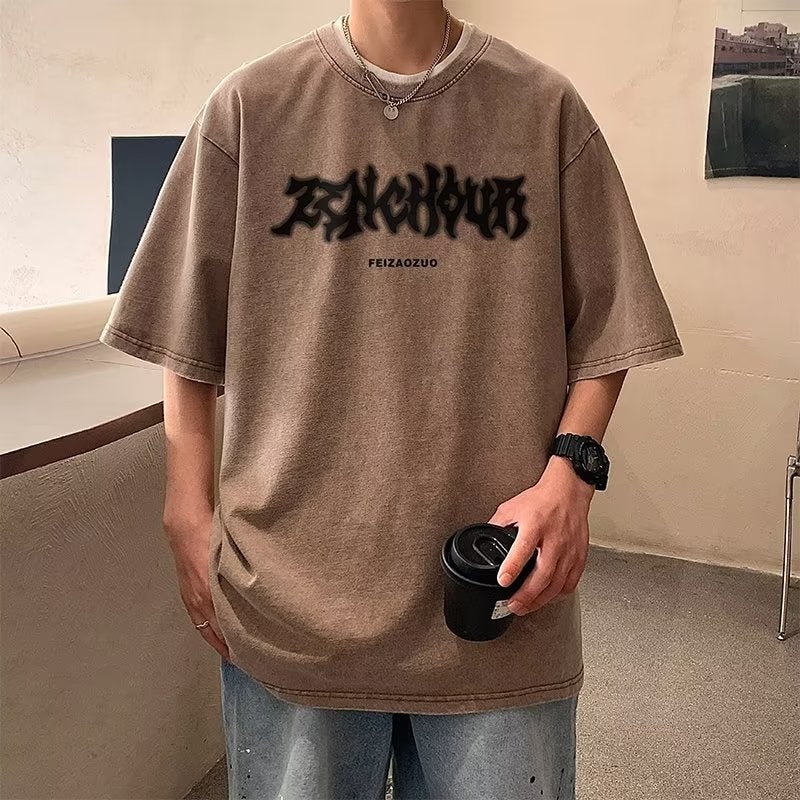 Vintage Washed Old Heavy Short-Sleeved T-Shirt Men'S Summer American Style High Street Trendy Top Design Sense Niche T-Shirt - Image 3