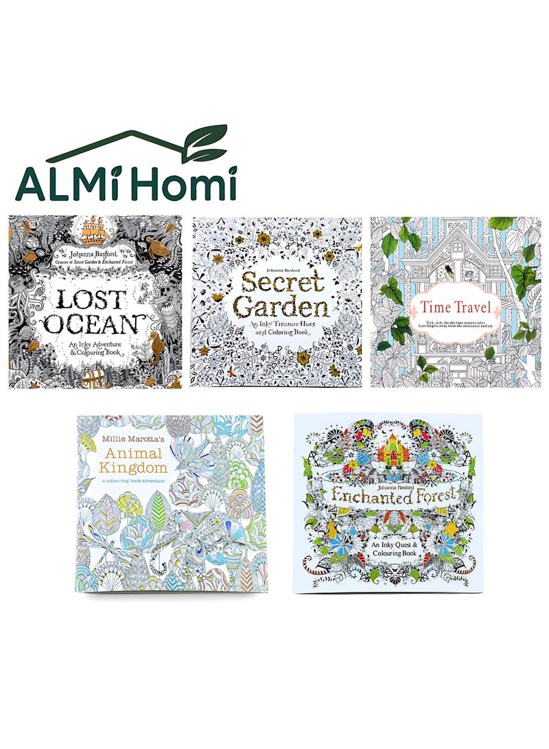 المي هومي دفتر تلوين للكبار – كتب تلوين للكبار – كراسة تلوين – كراسة رسم اطفال – مجموعة 5 دفاتر تلوين – صفحات مريحة للرسم، التسلية، والترفيه العائلي - Image 1