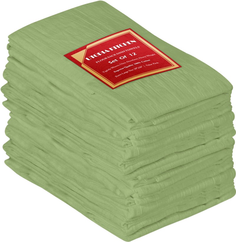 Utopia Kitchen Sage Green Flour Sack Towels 12 Pack  28 x 28 Inch 100 Cotton Tea Towels for Cleaning  Drying  Highly Absorbent Kitchen Dish Cloth