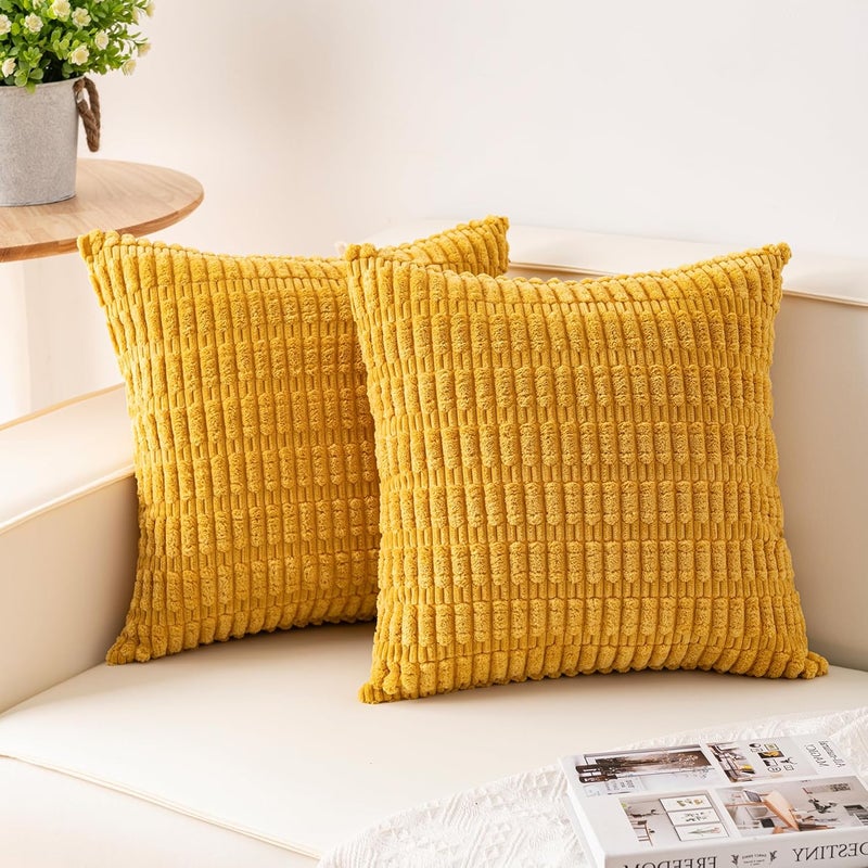 Aegero Pack of 2 Corduroy Decorative Throw Pillow Covers 22x22 Inch Soft Striped Pillow Covers Modern Farmhouse Home Decor for Sofa Living Room Couch Bed（Yellow） - Image 1