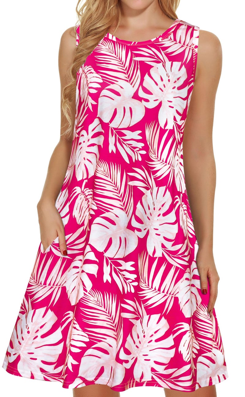 elescat Summer Dresses for Women Casual Beach Sleeveless Sundress Scoop Neck Swing Tank Dress with Pocket(Hot Pink Leaves, L) - Image 1