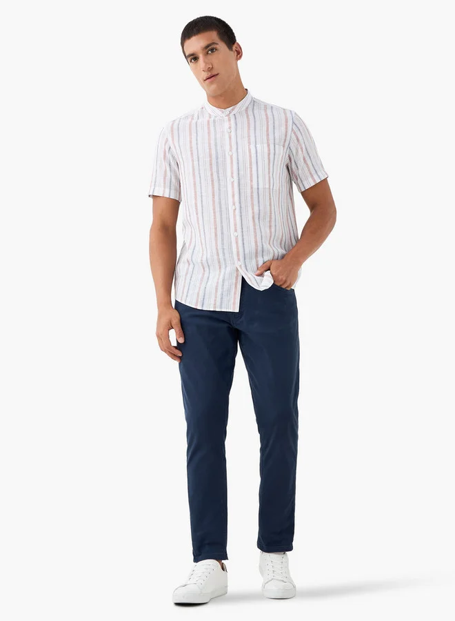 Splash FAV Striped Linen Blend Mandarin Collar Shirt