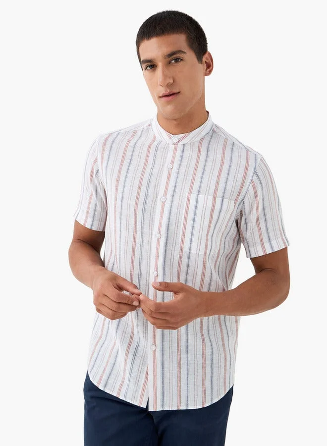 Splash FAV Striped Linen Blend Mandarin Collar Shirt