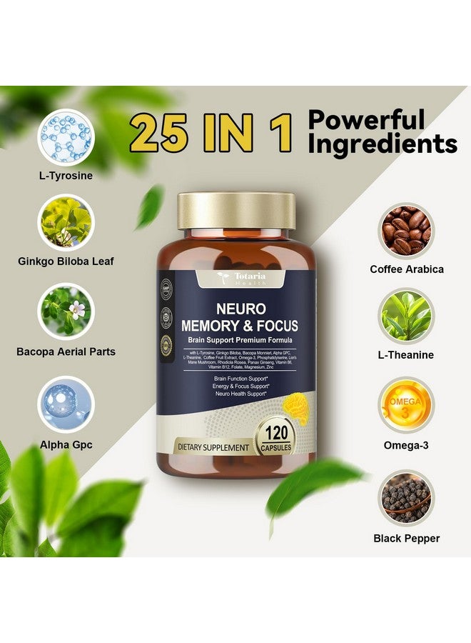 Totaria 25 في 1 مكملات الدماغ للذاكرة والتركيز وصحة الأعصاب - مكمل يومي للدماغ مع L-Tyrosine و Bacopa Monnieri و Ginkgo Biloba و Alpha GPC - غير معدّل وراثيًا، خالي من الغلوتين، نباتي - Image 2