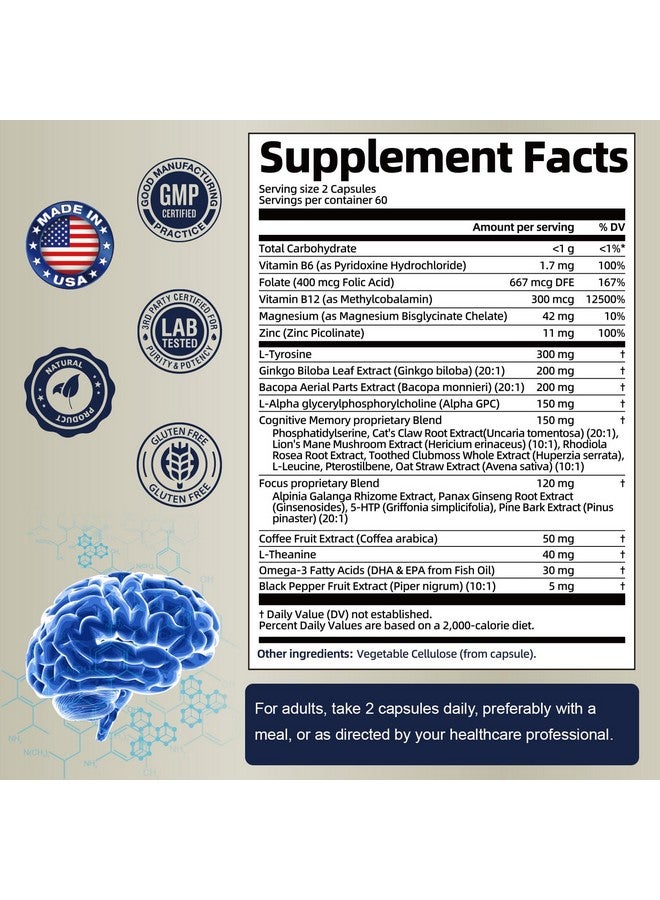 Totaria 25 في 1 مكملات الدماغ للذاكرة والتركيز وصحة الأعصاب - مكمل يومي للدماغ مع L-Tyrosine و Bacopa Monnieri و Ginkgo Biloba و Alpha GPC - غير معدّل وراثيًا، خالي من الغلوتين، نباتي - Image 4