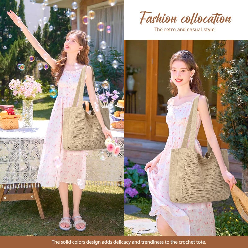 hatisan Crochet Tote Bags for Women Large Beach Bag Aesthetic Summer Knit Bags Handbag Shoulder (B-Khaki) - Image 2