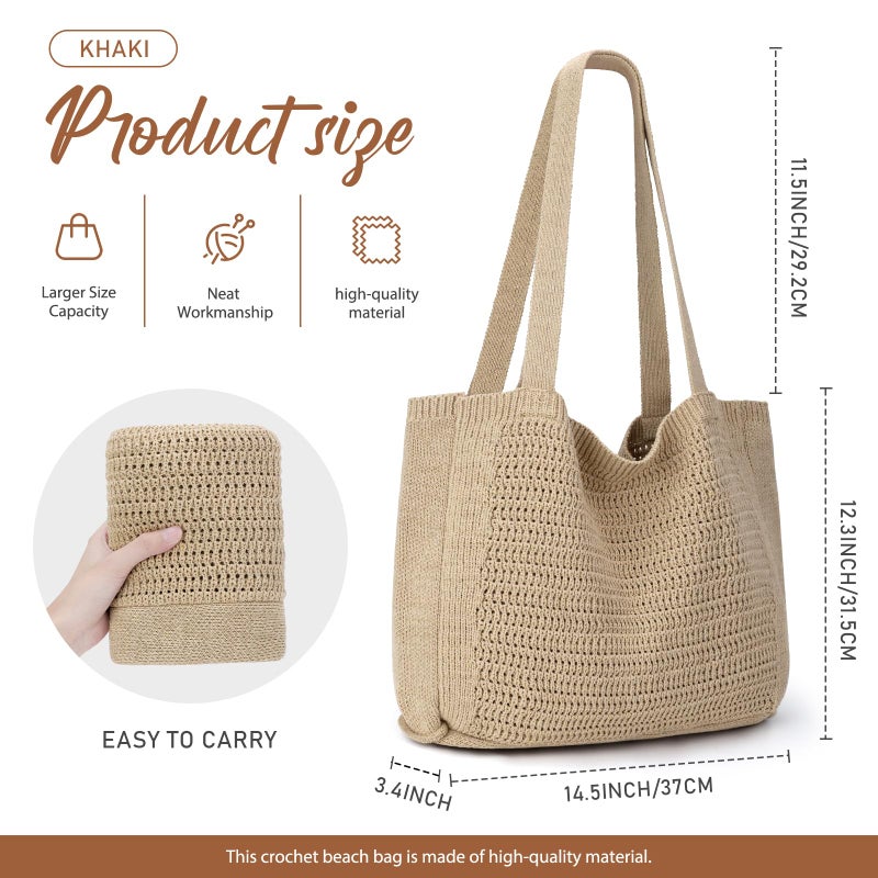 hatisan Crochet Tote Bags for Women Large Beach Bag Aesthetic Summer Knit Bags Handbag Shoulder (B-Khaki) - Image 5