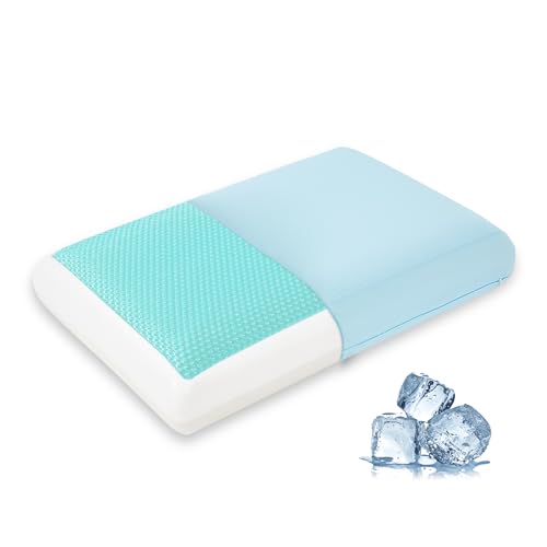 EGOHOME Cooling Pillow for Sleeping, Gel Memory Foam Pillow with Reversible Cover, Neck Support for Side, Back and Stomach Sleepers, Removable & Machine Washable Cover, Bed Pillows for Hot Sleepers, Blue - Image 1