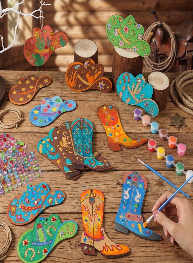 Blueweenly 24 Pcs Cowboy Party Favors Cowboy Hat and Boot Wood DIY Crafts, Unfinished Western Wooden Hat Crafts and Boot Shaped Ornaments for Western Theme Birthday Party Classroom DIY Activities - Image 3