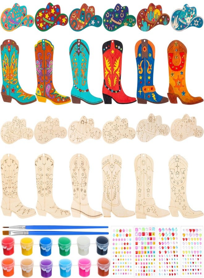 Blueweenly 24 Pcs Cowboy Party Favors Cowboy Hat and Boot Wood DIY Crafts, Unfinished Western Wooden Hat Crafts and Boot Shaped Ornaments for Western Theme Birthday Party Classroom DIY Activities - Image 1