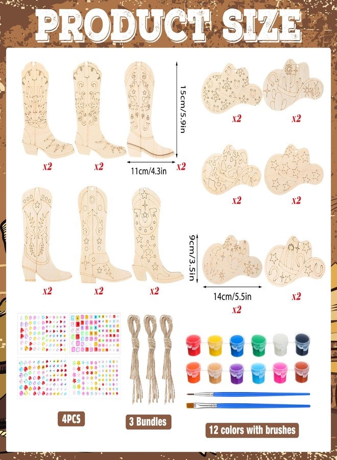 Blueweenly 24 Pcs Cowboy Party Favors Cowboy Hat and Boot Wood DIY Crafts, Unfinished Western Wooden Hat Crafts and Boot Shaped Ornaments for Western Theme Birthday Party Classroom DIY Activities - Image 2