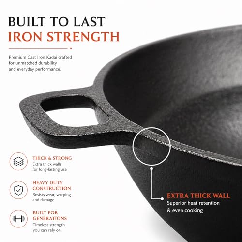6th Planet Cast Iron Kadhai 8 Inch | Pre-Seasoned, Heavy Bottom,Naturally Nonstick Curry Pot & Deep Fry Pan | 1.7L, Toxin-Free, Flat Handle Design - Image 5