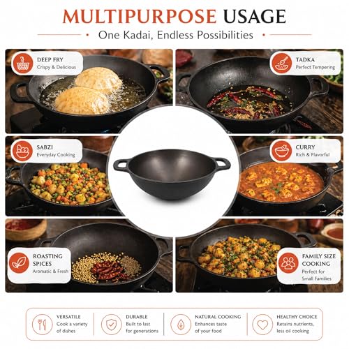 6th Planet Cast Iron Kadhai 8 Inch | Pre-Seasoned, Heavy Bottom,Naturally Nonstick Curry Pot & Deep Fry Pan | 1.7L, Toxin-Free, Flat Handle Design - Image 4