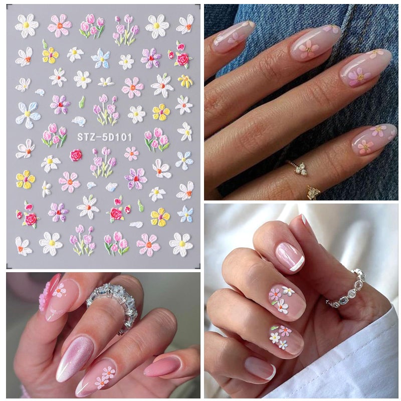 VOTACOS Flower Nail Art Stickers 7 Sheets 5D Nail Decals Spring Summer Nails Art Design 3D Self-Adhesive Supplies White Yellowe Daisy Flower Nails Decoration for Women DIY Design - Image 4