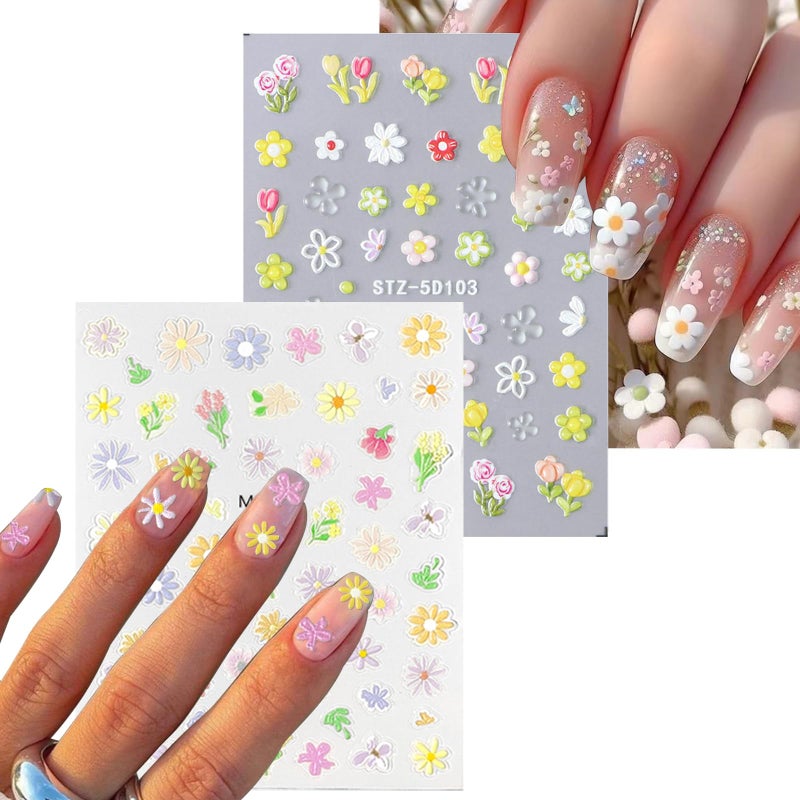 VOTACOS Flower Nail Art Stickers 7 Sheets 5D Nail Decals Spring Summer Nails Art Design 3D Self-Adhesive Supplies White Yellowe Daisy Flower Nails Decoration for Women DIY Design - Image 5