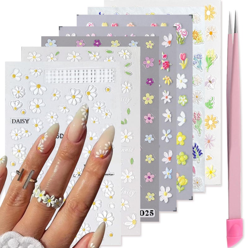 VOTACOS Flower Nail Art Stickers 7 Sheets 5D Nail Decals Spring Summer Nails Art Design 3D Self-Adhesive Supplies White Yellowe Daisy Flower Nails Decoration for Women DIY Design - Image 1