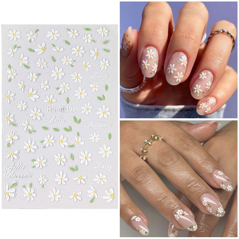 VOTACOS Flower Nail Art Stickers 7 Sheets 5D Nail Decals Spring Summer Nails Art Design 3D Self-Adhesive Supplies White Yellowe Daisy Flower Nails Decoration for Women DIY Design - Image 3