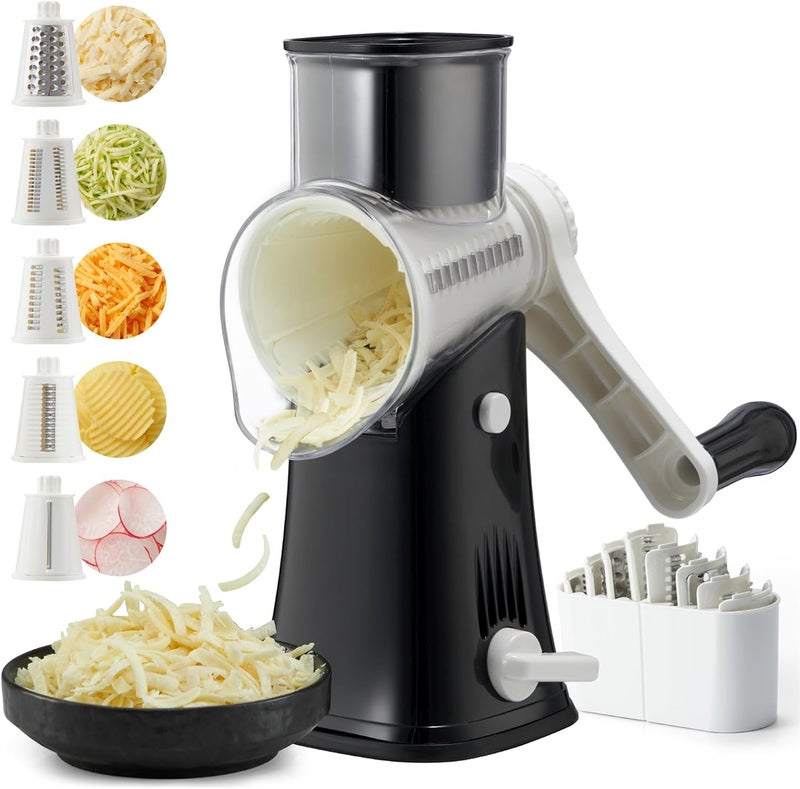 ALEXPHY Rotary Cheese Grater Hand Crank, 5 Blades Cheese shredder, Stronger Suction, Easy to Clean for Fruit, Vegetables, Nuts, Black - Image 1