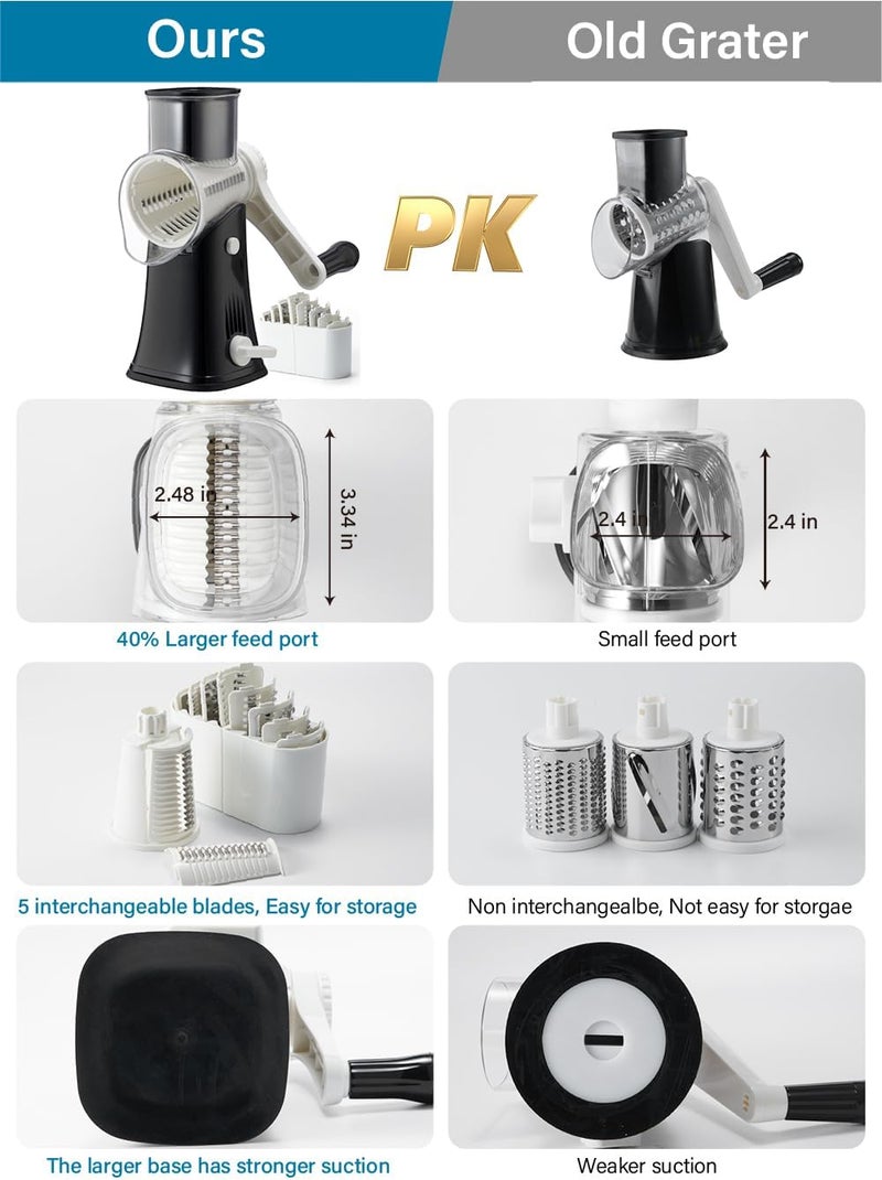 ALEXPHY Rotary Cheese Grater Hand Crank, 5 Blades Cheese shredder, Stronger Suction, Easy to Clean for Fruit, Vegetables, Nuts, Black - Image 3