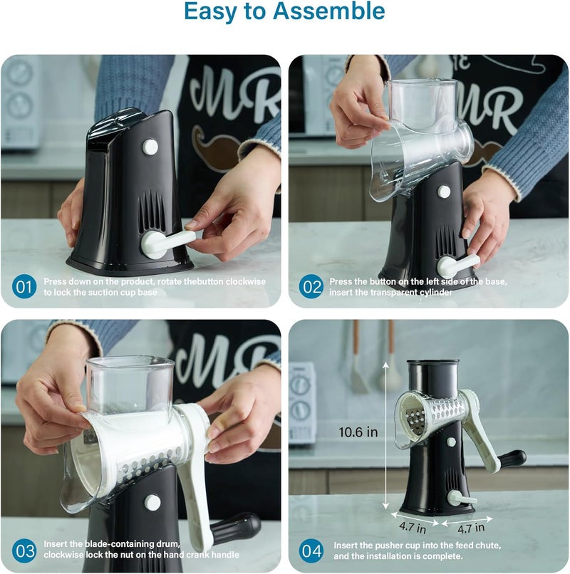 ALEXPHY Rotary Cheese Grater Hand Crank, 5 Blades Cheese shredder, Stronger Suction, Easy to Clean for Fruit, Vegetables, Nuts, Black - Image 5