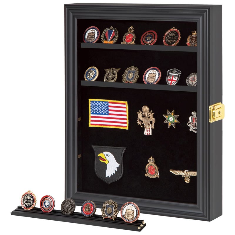 Verani Medals Display Case  Military Challenge Coin Display Shadow Box  Pin Display Cabinet with Removable Shelves and Pinnable Background for Badges Ribbons Insignia Buttons Small Black