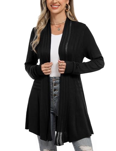 iClosam Light Weight Cardgan Women Open Front Draped Cardigan Long Sleeve Crochet Cardigan Black - Image 2
