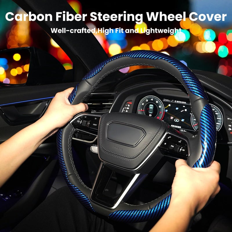 Hiseanllo Carbon Fiber Steering Wheel Cover 3PCS Set â€“ Anti-Slip, Scratch-Resistant, Universal Fit for 14â€“16 Inch Wheels â€“ Interior Car Accessories for Cars, SUVs, Trucks (Blue) - Image 2