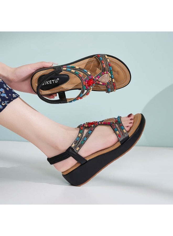 NIBEMINENT European and American Style Wedge Heel Women's Sandals Ethnic Style Retro Fashion Casual Women's Sandals Waterproof Platform  - Image 2