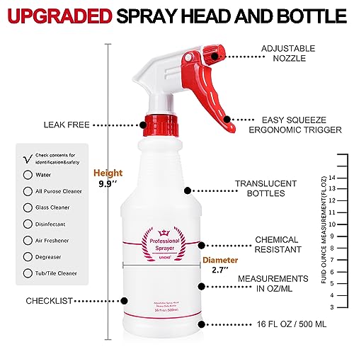 Uineko Plastic Spray Bottle (4 Pack, 16 Oz, All-Purpose) Heavy Duty Spraying Bottles Leak Proof Mist Empty Water Bottle for Cleaning Solution Planting Pet with Adjustable Nozzle and Measurements - Image 5