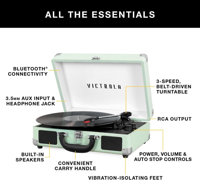 Victrola Vintage 3-Speed Bluetooth Portable Suitcase Record Player with Built-in Speakers - Green Olive - Image 2