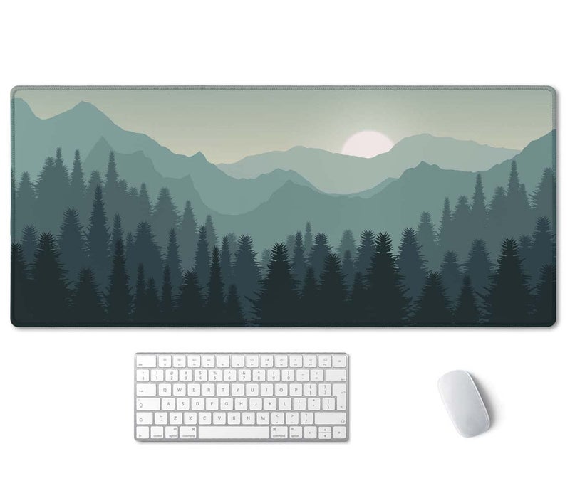 SSOIU Sunset Mountains Landscape Green Desk Mat, Extra Large Desk Mat, Large Gaming Mouse Pad, Extended Mouse Pad, Gaming Keyboard Mat, Non-Slip Laptop Computer Keyboard Mousepad for Office and Home - Image 1