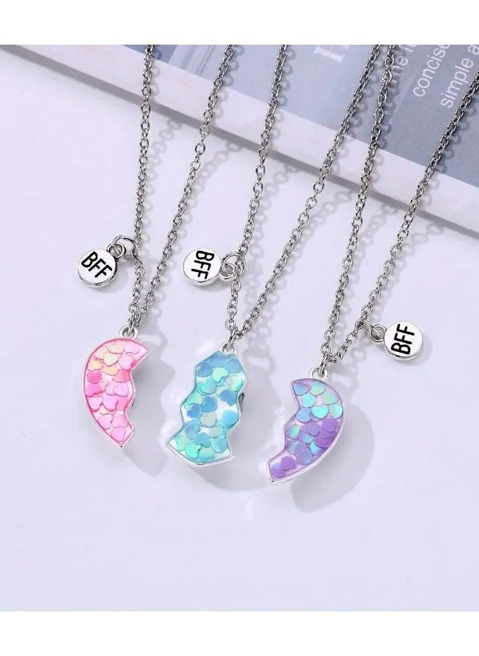 Goolsky 3pcs Adorable Heart-Shaped Sequin Mosaic Pendant Necklace Set - Sparkling White K Plated Alloy Jewelry with Acrylic Accents - Perfect Gift for 3 Best Friends or Sisters  - Image 1