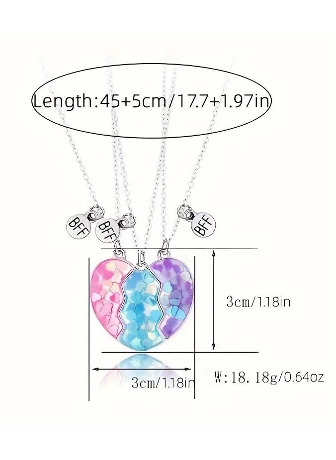 Goolsky 3pcs Adorable Heart-Shaped Sequin Mosaic Pendant Necklace Set - Sparkling White K Plated Alloy Jewelry with Acrylic Accents - Perfect Gift for 3 Best Friends or Sisters  - Image 2