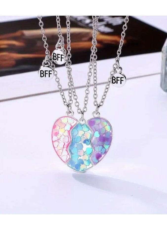 Goolsky 3pcs Adorable Heart-Shaped Sequin Mosaic Pendant Necklace Set - Sparkling White K Plated Alloy Jewelry with Acrylic Accents - Perfect Gift for 3 Best Friends or Sisters  - Image 4