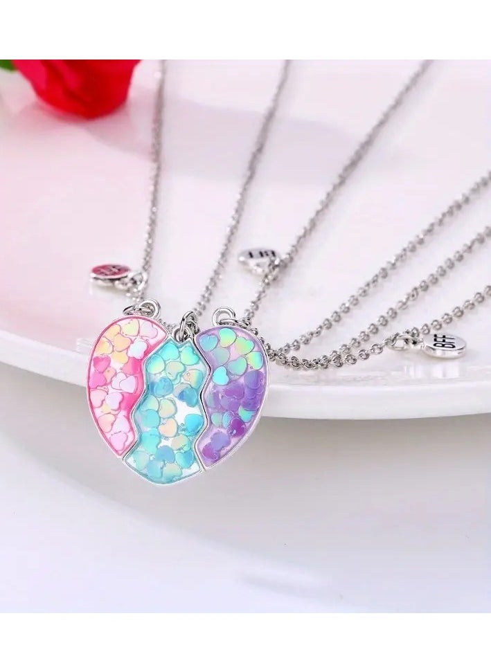 Goolsky 3pcs Adorable Heart-Shaped Sequin Mosaic Pendant Necklace Set - Sparkling White K Plated Alloy Jewelry with Acrylic Accents - Perfect Gift for 3 Best Friends or Sisters  - Image 3