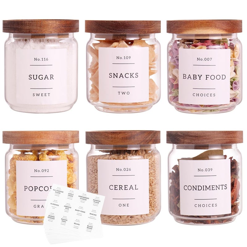 CZZGSM 6 Set Glass Pantry Storage Jars with Acacia Airtight Lid - 15oz Thicken Glass Kitchen Canisters with 132 Pantry Labels - Clear Glass Food Storage Containers with Wood Lid for Tea,Sugar,Spice,herbs - Image 1