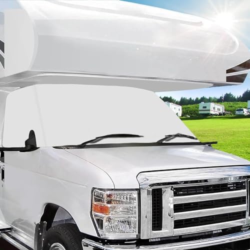 Mofeez RV Windshield Cover Compatible with Class C Ford 1997-2025, UV Block Offer Complete Privacy with Light Preserves Interior (White Color with Mirror Cutouts) - Image 1