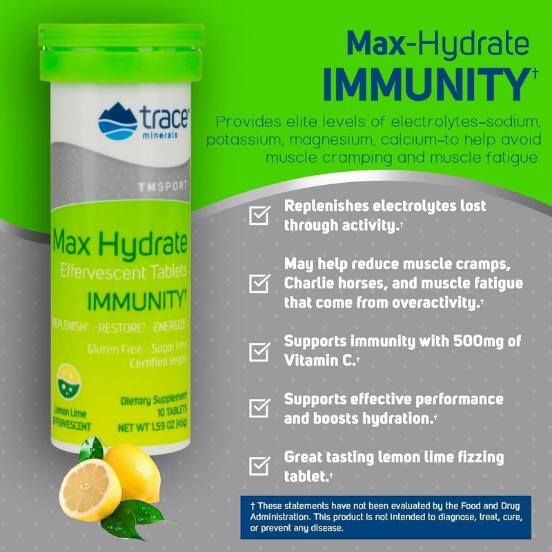 Trace Minerals MaxHydrate Immunity  Electrolyte Drink Supplement for Immune Health  Hydration Support  Vitality Supplement to Aid Muscle Cramp Relief  Lemon Lime 8 Containers 80 Servings - Image 3