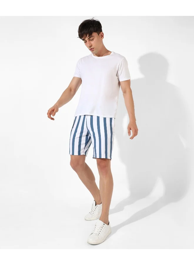 Campus Sutra Men's White Striped Regular Fit Casual Shorts
