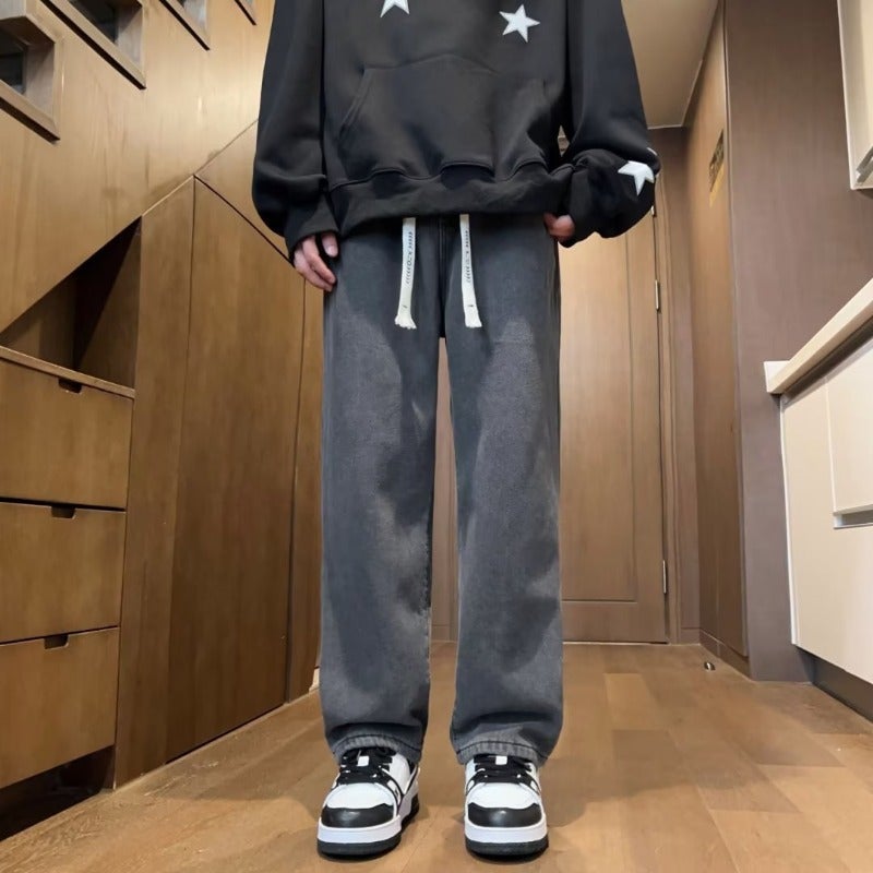 Winter Fleece-Lined Jeans Men'S Trendy Pants Boys American High Street Pants Men'S Autumn Straight Leg Pants - Image 1