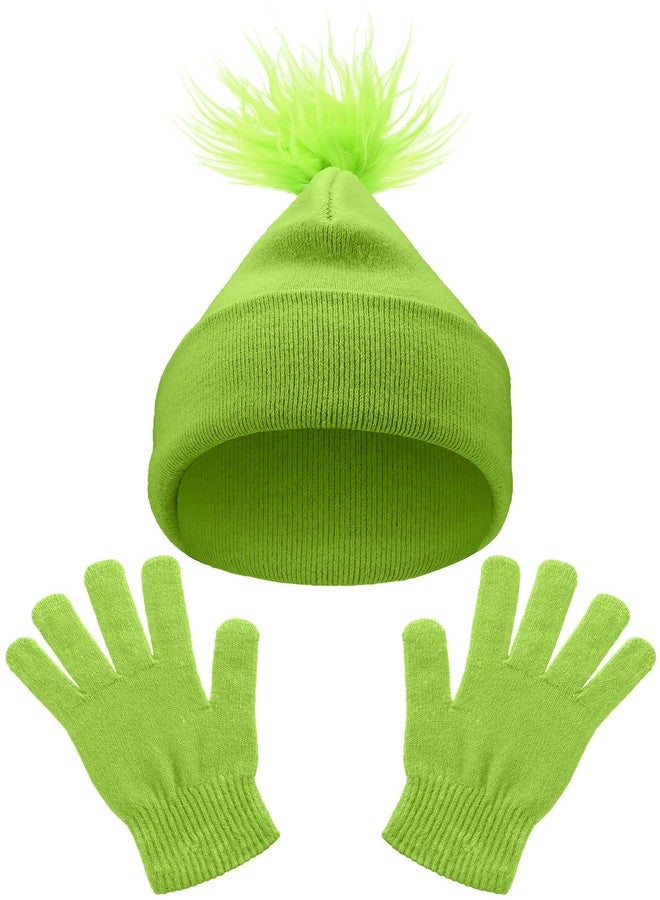 Hicarer Christmas Cosplay Pom Beanie and Gloves Set Neon Green Knitted Winter Cuffed Beanie Cap Gloves Kit for Women Men Xmas Party - Image 1