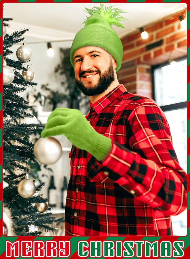 Hicarer Christmas Cosplay Pom Beanie and Gloves Set Neon Green Knitted Winter Cuffed Beanie Cap Gloves Kit for Women Men Xmas Party - Image 5