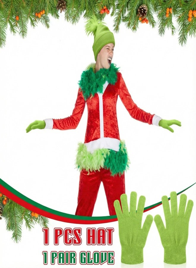 Hicarer Christmas Cosplay Pom Beanie and Gloves Set Neon Green Knitted Winter Cuffed Beanie Cap Gloves Kit for Women Men Xmas Party - Image 3