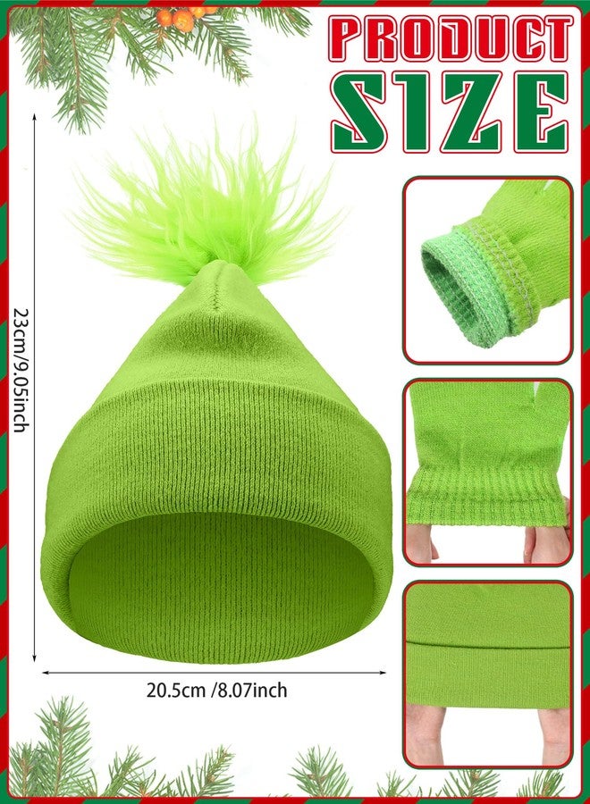 Hicarer Christmas Cosplay Pom Beanie and Gloves Set Neon Green Knitted Winter Cuffed Beanie Cap Gloves Kit for Women Men Xmas Party - Image 2