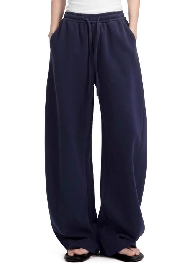 FACDIBY Womens Barrel Sweatpants Fleece Lined Wide Leg Sweat Pants Cotton Elastic Waisted Trousers with Pockets, Navy Blue, S - Image 1