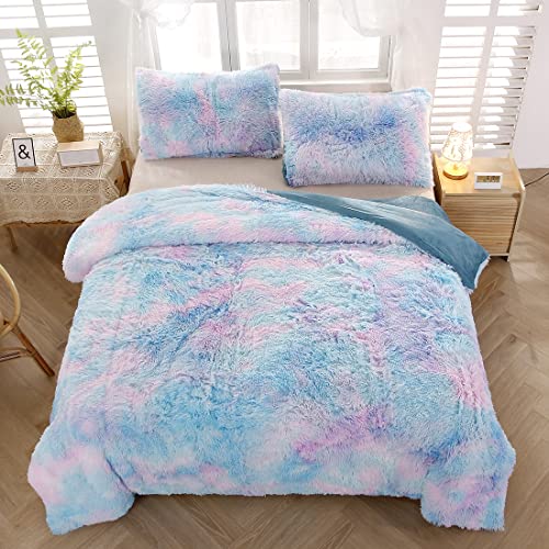 SUCSES Faux Fur Duvet Cover Set Twin Size, Tie Dye Rainbow Plush Shaggy Girls Bedding Set, Soft Velvet Fluffy Fuzzy Ombre Comforter Cover Set (Blue Purple, Twin) - Image 2