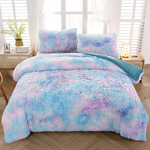 SUCSES Faux Fur Duvet Cover Set Twin Size, Tie Dye Rainbow Plush Shaggy Girls Bedding Set, Soft Velvet Fluffy Fuzzy Ombre Comforter Cover Set (Blue Purple, Twin) - Image 1