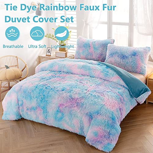 SUCSES Faux Fur Duvet Cover Set Twin Size, Tie Dye Rainbow Plush Shaggy Girls Bedding Set, Soft Velvet Fluffy Fuzzy Ombre Comforter Cover Set (Blue Purple, Twin) - Image 3