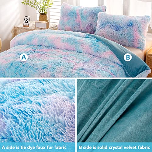 SUCSES Faux Fur Duvet Cover Set Twin Size, Tie Dye Rainbow Plush Shaggy Girls Bedding Set, Soft Velvet Fluffy Fuzzy Ombre Comforter Cover Set (Blue Purple, Twin) - Image 4