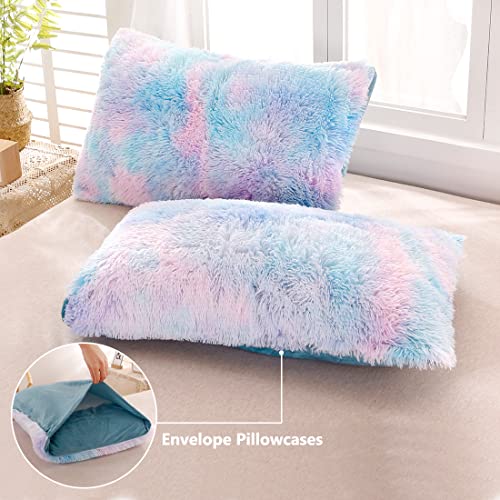 SUCSES Faux Fur Duvet Cover Set Twin Size, Tie Dye Rainbow Plush Shaggy Girls Bedding Set, Soft Velvet Fluffy Fuzzy Ombre Comforter Cover Set (Blue Purple, Twin) - Image 5